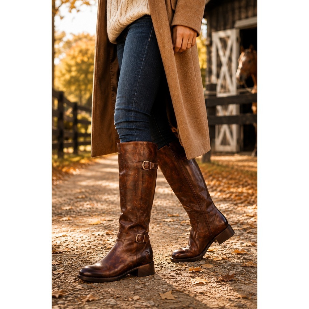 Born Gibb Tall Riding Boots Womens 7.5 Brown Leather Wide Calf Equestrian New